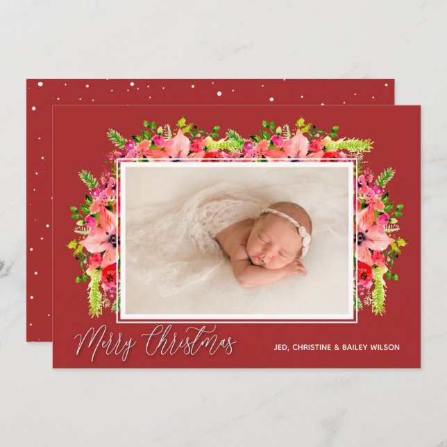 Christmas Poinsettias Photo Holiday Card (Front/Back)