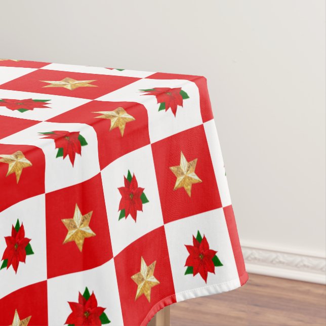 Christmas Poinsettias & Stars on Red & White Tablecloth (In Situ)