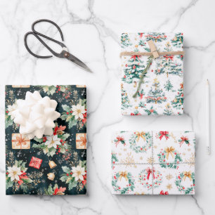 Christmas Poinsettias, Trees and Wreaths Wrapping Paper Sheet