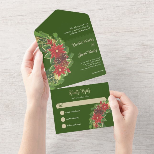 Christmas Poinsettias Wedding Green & Red All In One Invitation (Tearaway)