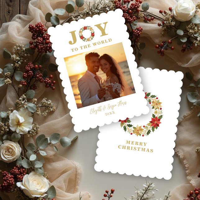 Christmas Poinsettias Wreath Mexican Embroidery Holiday Card (Christmas Poinsettias Wreath Mexican Embroidery Style Holiday Cards with Photo and Joy to the World.)