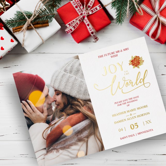 Christmas Poinsettias Wreath Photo MR & MRS Photo Foil Holiday Card (Creator Uploaded)