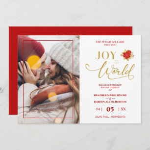 Christmas Poinsettias Wreath Photo Wedding Couple Save The Date