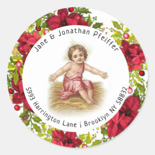 Christmas Pointsettia Baby Jesus Address Classic Round Sticker