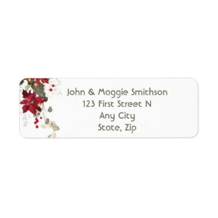 Christmas Pointsettia Holly Berry Pine Greenery Return Address Label