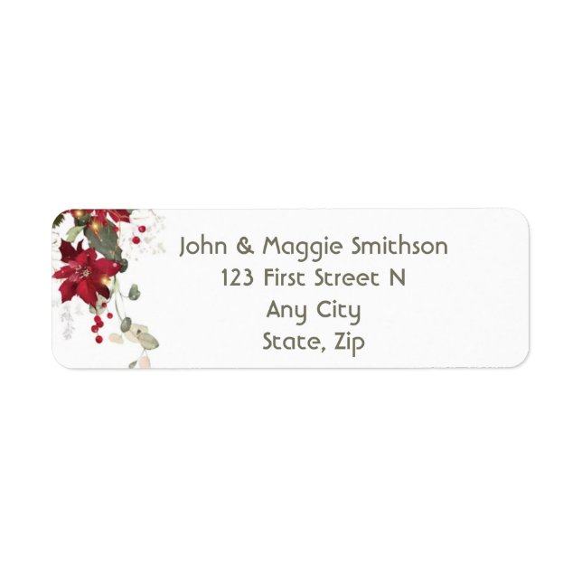 Christmas Pointsettia  Holly Berry Pine Greenery  Return Address Label (Front)