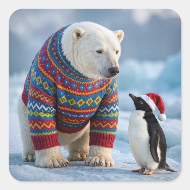 Christmas Polar Bear and Penguin Friends Square Sticker (Front)