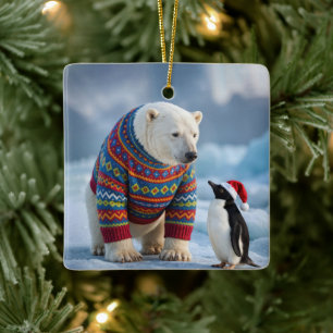 Christmas Polar Bear and Penguin On a Glacier Ceramic Ornament