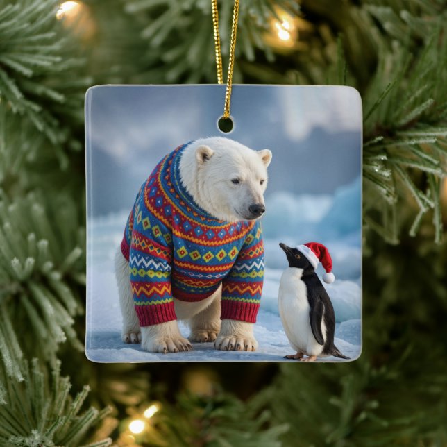 Christmas Polar Bear and Penguin On a Glacier Ceramic Ornament (Tree)