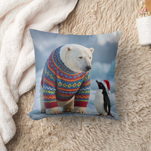 Christmas Polar Bear and Penguin On a Glacier Cushion (Blanket)