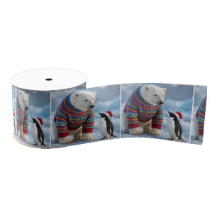 Christmas Polar Bear and Penguin On a Glacier Grosgrain Ribbon