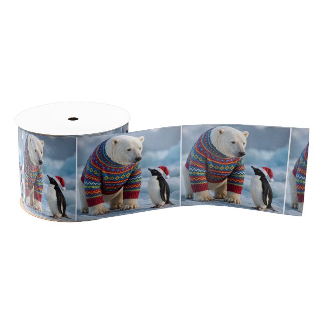 Christmas Polar Bear and Penguin On a Glacier Grosgrain Ribbon (Spool)