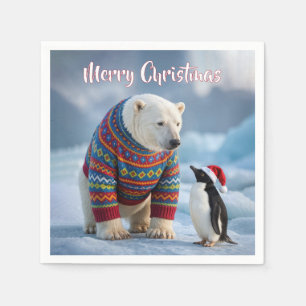 Christmas Polar Bear and Penguin On a Glacier Napkin