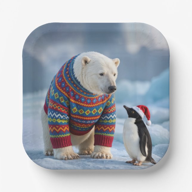 Christmas Polar Bear and Penguin On a Glacier Paper Plate (Front)