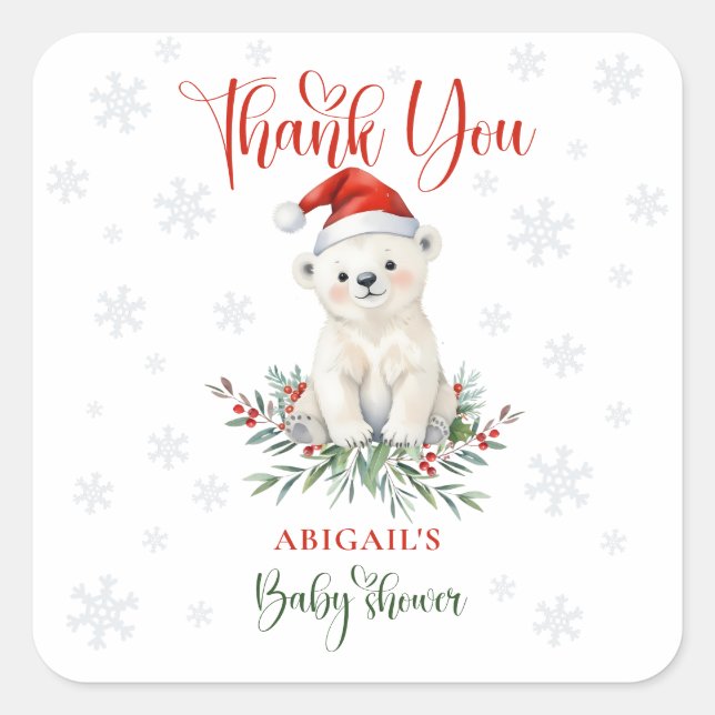 Christmas Polar Bear Baby Shower Thank you Square Sticker (Front)