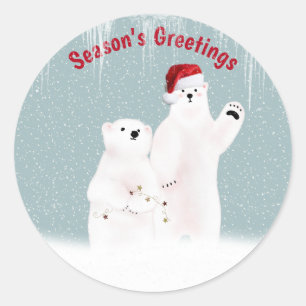 Christmas Polar Bear Couple with Snowflakes Classic Round Sticker