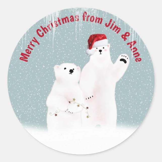 Christmas Polar Bear Couple with Snowflakes  Classic Round Sticker (Front)
