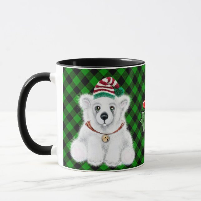 Christmas polar bear cub classic green plaid mug (Left)