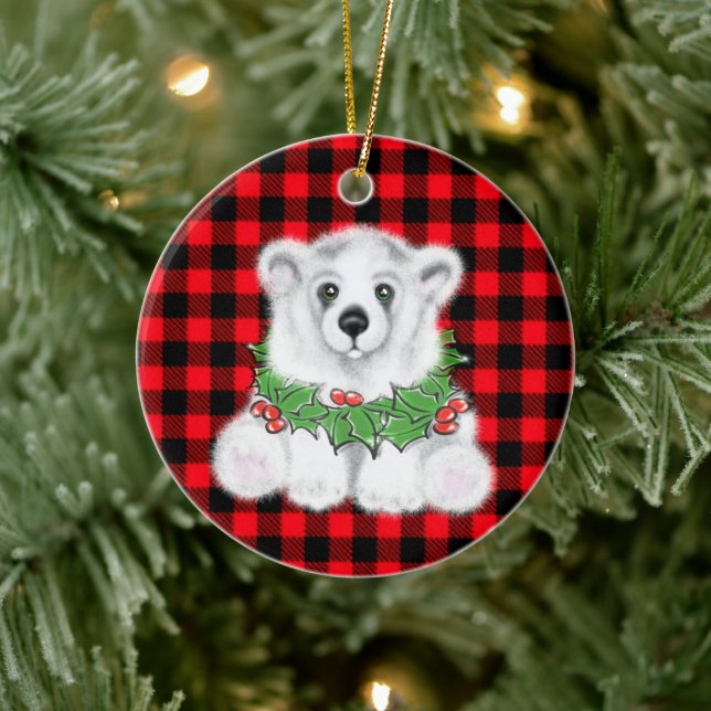 Christmas polar bear cub, Holly berries wreath    Ceramic Ornament (Tree)