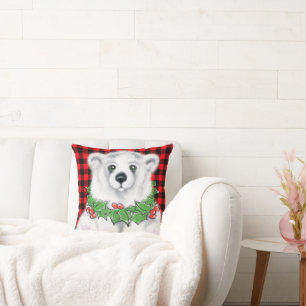 Christmas polar bear cub, Holly berries wreath   Cushion