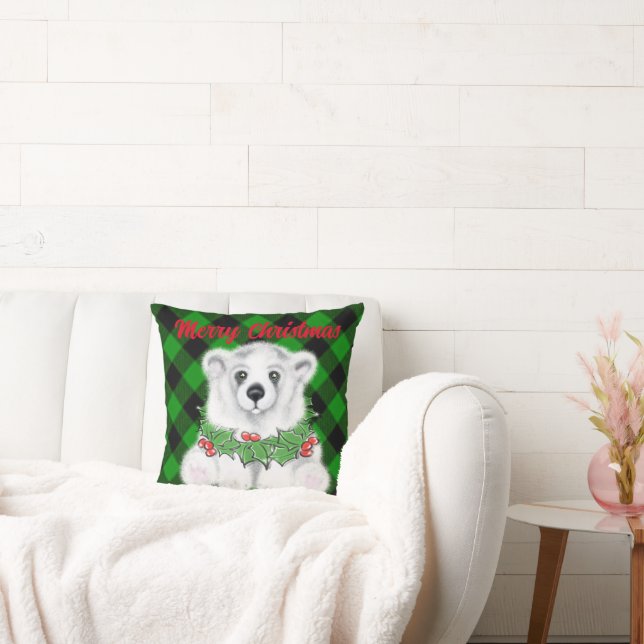 Christmas polar bear cub, white bear cub  cushion (Couch)
