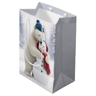 Christmas Polar Bear Hugging a Snowman Medium Gift Bag