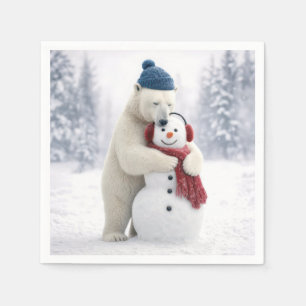 Christmas Polar Bear Hugging a Snowman Napkin