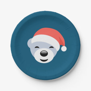 Christmas Polar Bear in Red Hat on Blue Paper Plate