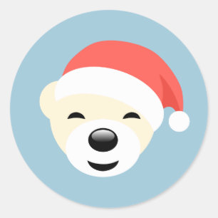 Christmas Polar Bear in Red Hat on Light Blue Classic Round Sticker