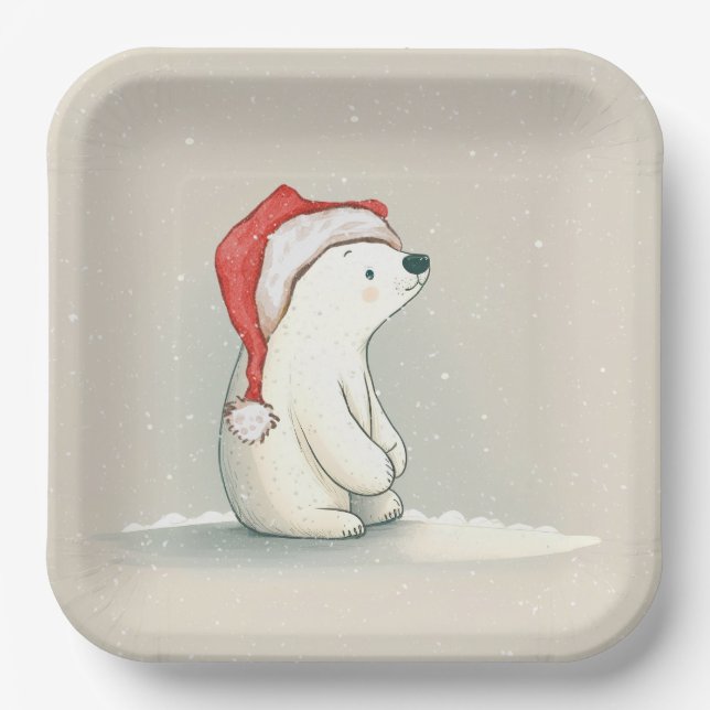 Christmas Polar Bear In Snowflakes Paper Plate (Front)