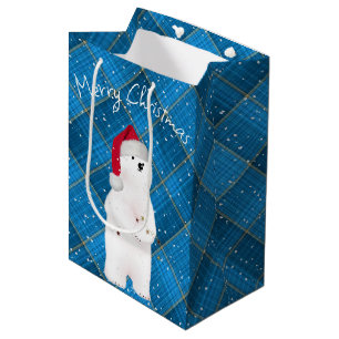 Christmas Polar Bear On Blue Plaid  Medium Gift Bag