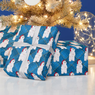 Christmas Polar Bear On Blue Plaid  Wrapping Paper