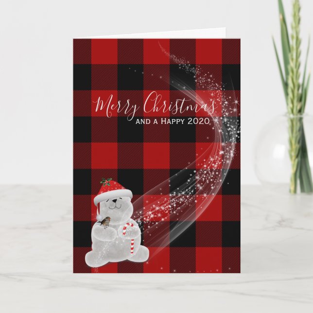 Christmas polar bear on lumberjack plaid card (Front)