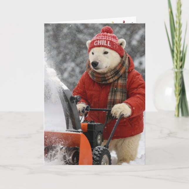 Christmas Polar Bear Pushing a Snowblower Card (Front)