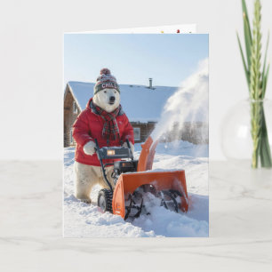 Christmas Polar Bear Pushing a Snowblower Card