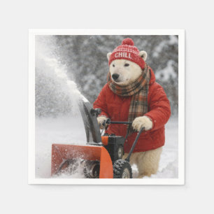 Christmas Polar Bear Pushing a Snowblower Napkin