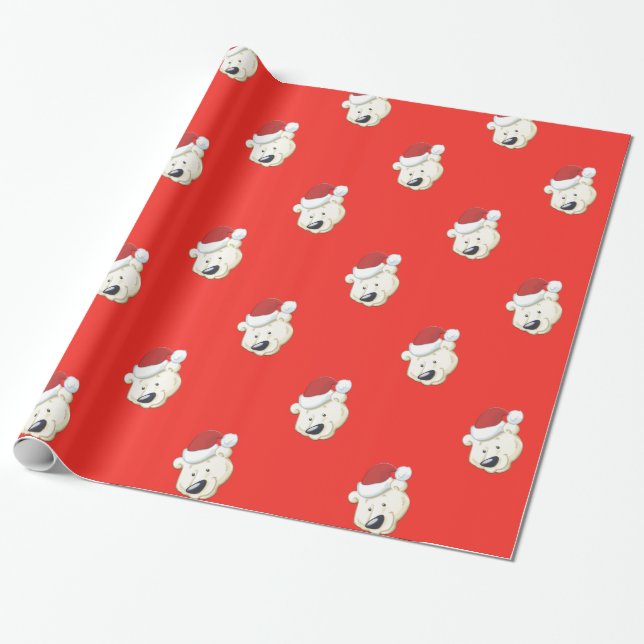 Christmas Polar Bear Red Wrapping Paper (Unrolled)