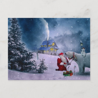 Christmas Polar Bear Santa Snow Scene Postcard