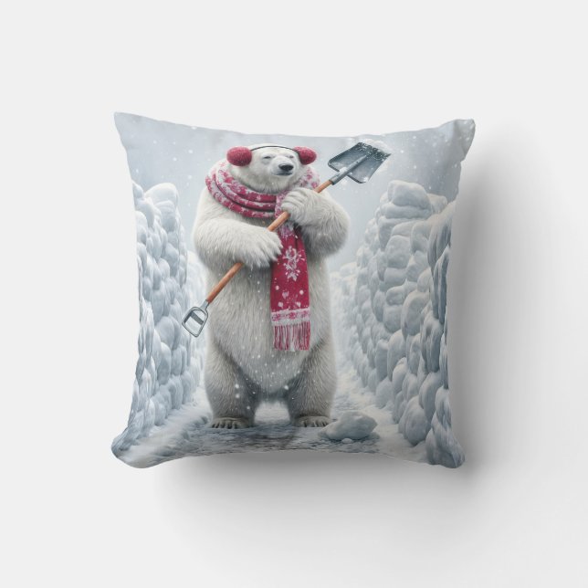 Christmas Polar Bear Shoveling Snow Cushion (Front)