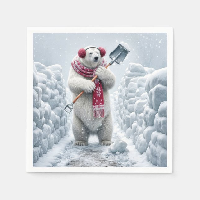 Christmas Polar Bear Shoveling Snow Napkin (Front)