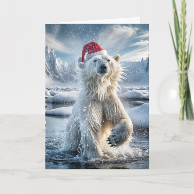 Christmas Polar Bear Splashing In Icy Water Card (Front)