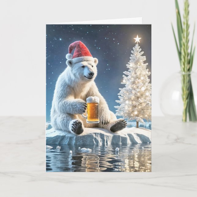 Christmas Polar Bear With Beer Holiday Card (Front)
