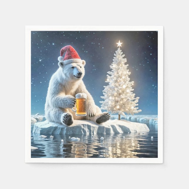 Christmas Polar Bear With Beer Napkin (Front)