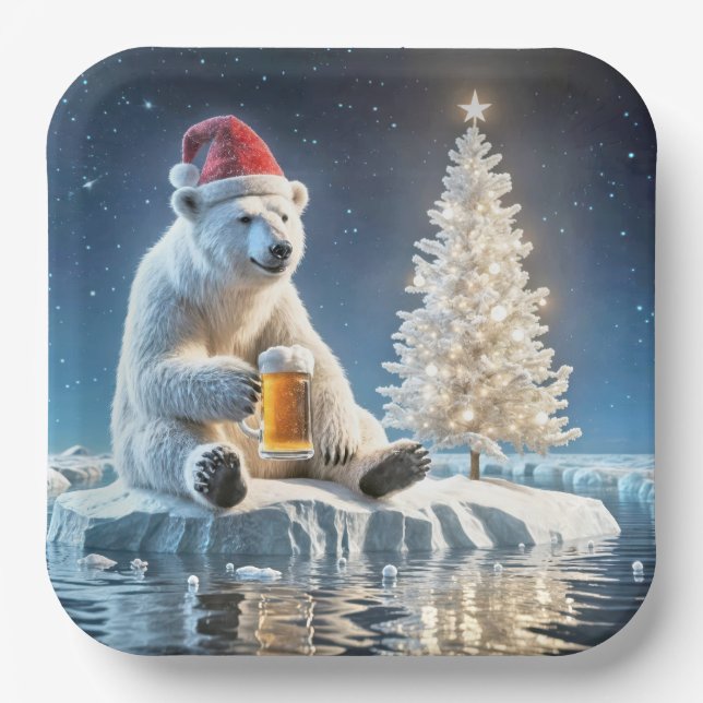 Christmas Polar Bear With Beer Paper Plate (Front)