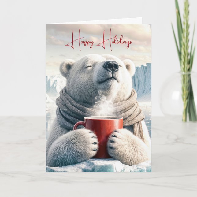 Christmas Polar Bear With Red Coffee Mug Holiday Card (Front)