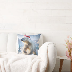 Christmas Polar Bear With Santa Cap Cushion