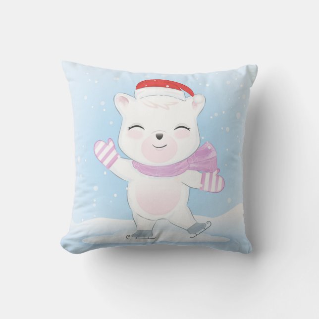 Christmas Polar Bear with Santa Hat in Snowfall Cushion (Front)