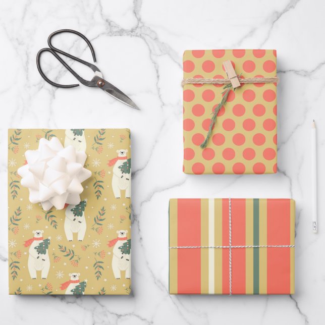 Christmas Polar Bear Wrapping Paper Sheet Set of 3 (Front)