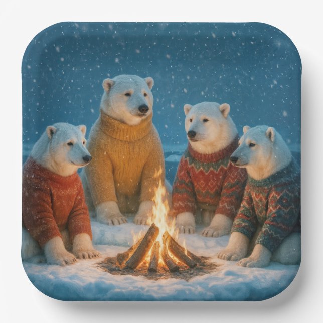 Christmas Polar Bears Around a Bonfire Paper Plate (Front)