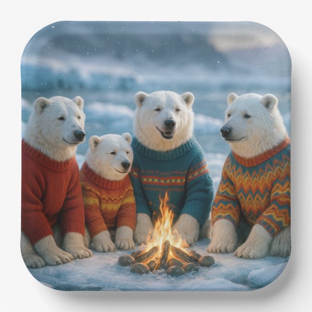 Christmas Polar Bears Around a Bonfire Paper Plate (Front)